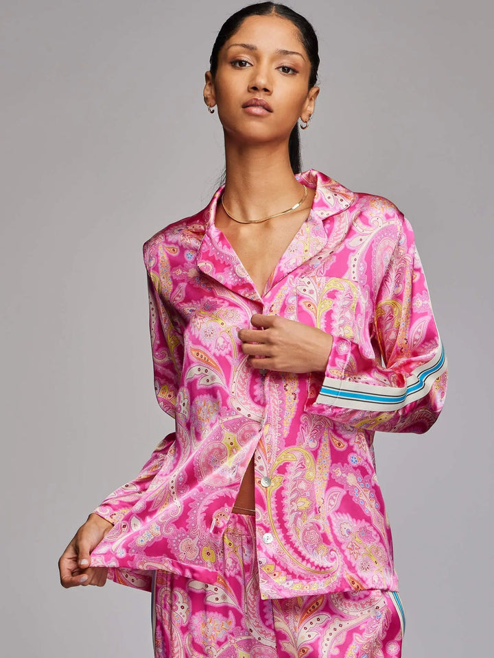 Women's Pink Palm Beach Paisley Silk Pajama Set with Stripe, S