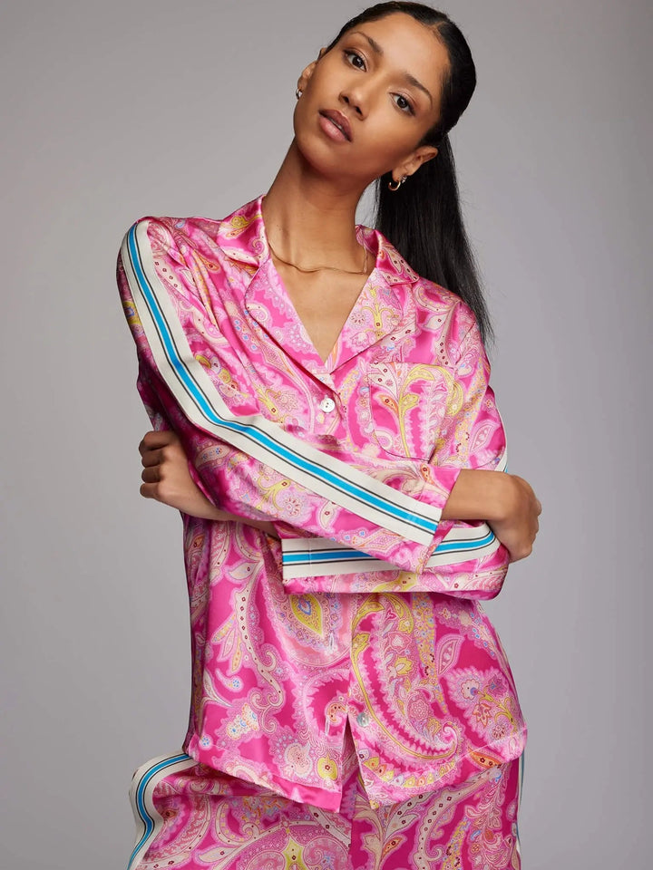 Women's Pink Palm Beach Paisley Silk Pajama Set With Stripe - Nigel Curtiss