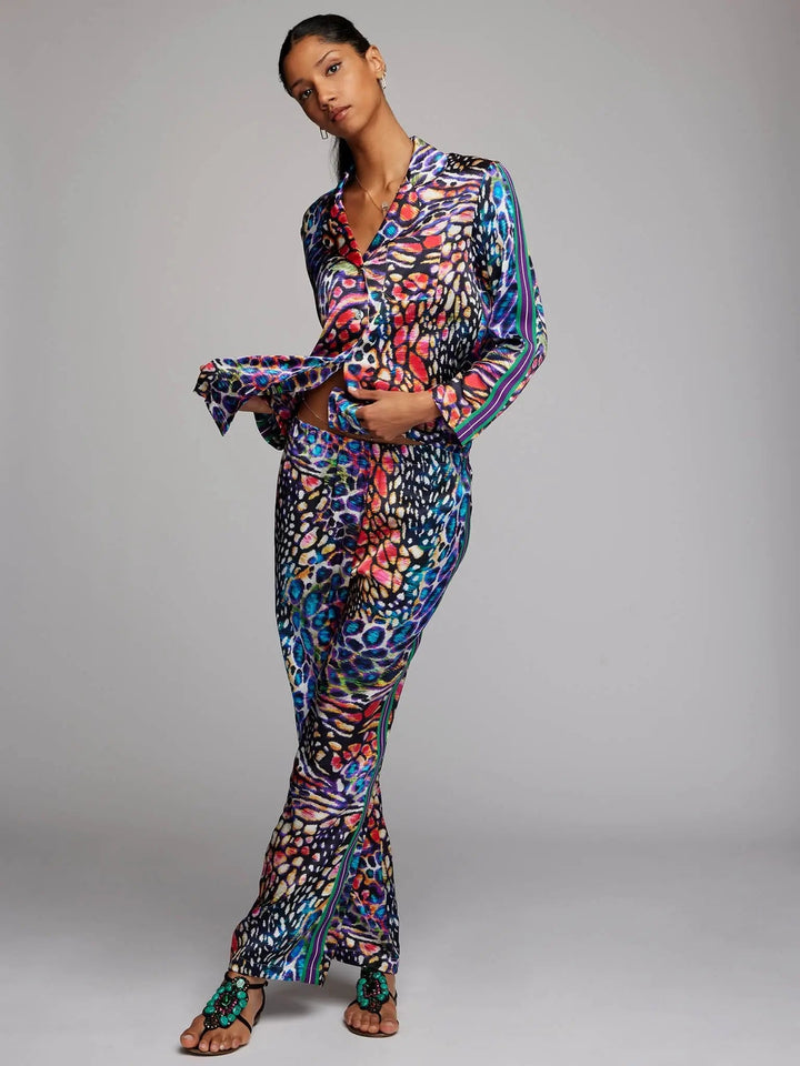 Women's Rainbow Leopard Silk Pajama Set With Stripe - Nigel Curtiss