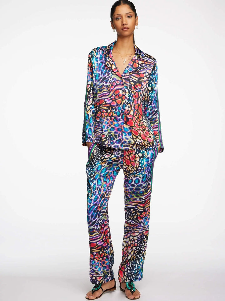 Women's Rainbow Leopard Silk Pajama Set With Stripe - Nigel Curtiss