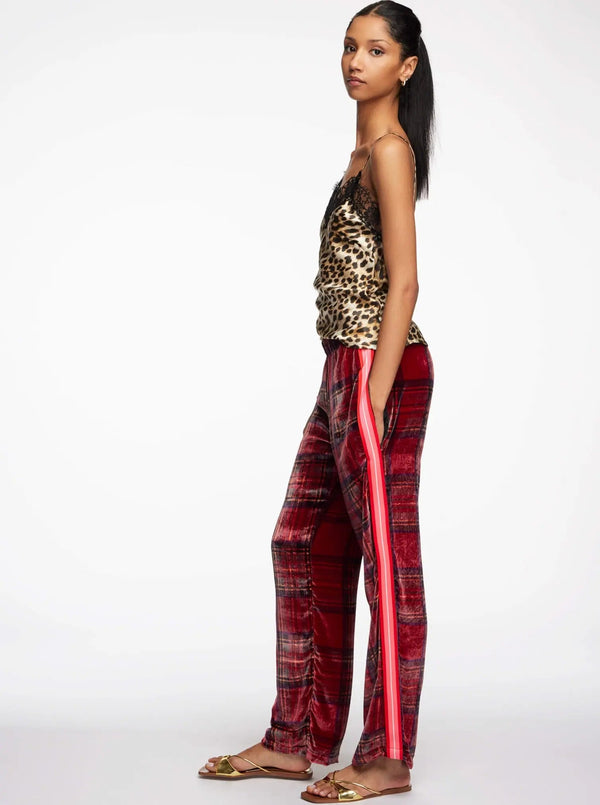 Women's Red Tartan Velvet Pant With Stripe - Nigel Curtiss