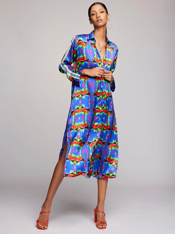 Women's Royal Blue Psychedelic Silk Shirt Dress With Stripe - Nigel Curtiss