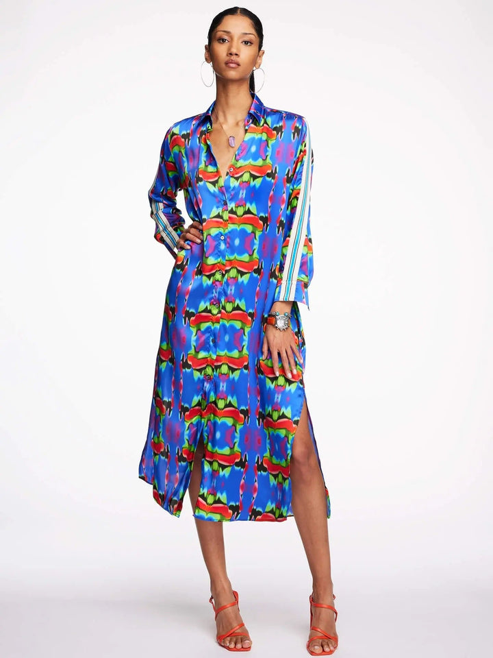 Women's Royal Blue Psychedelic Silk Shirt Dress with Stripe, L