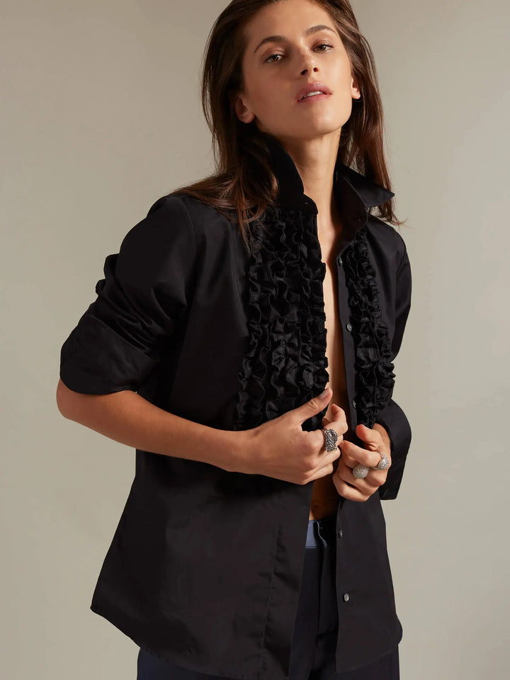Women's Ruffle Front Cotton Shirt In Black - Nigel Curtiss