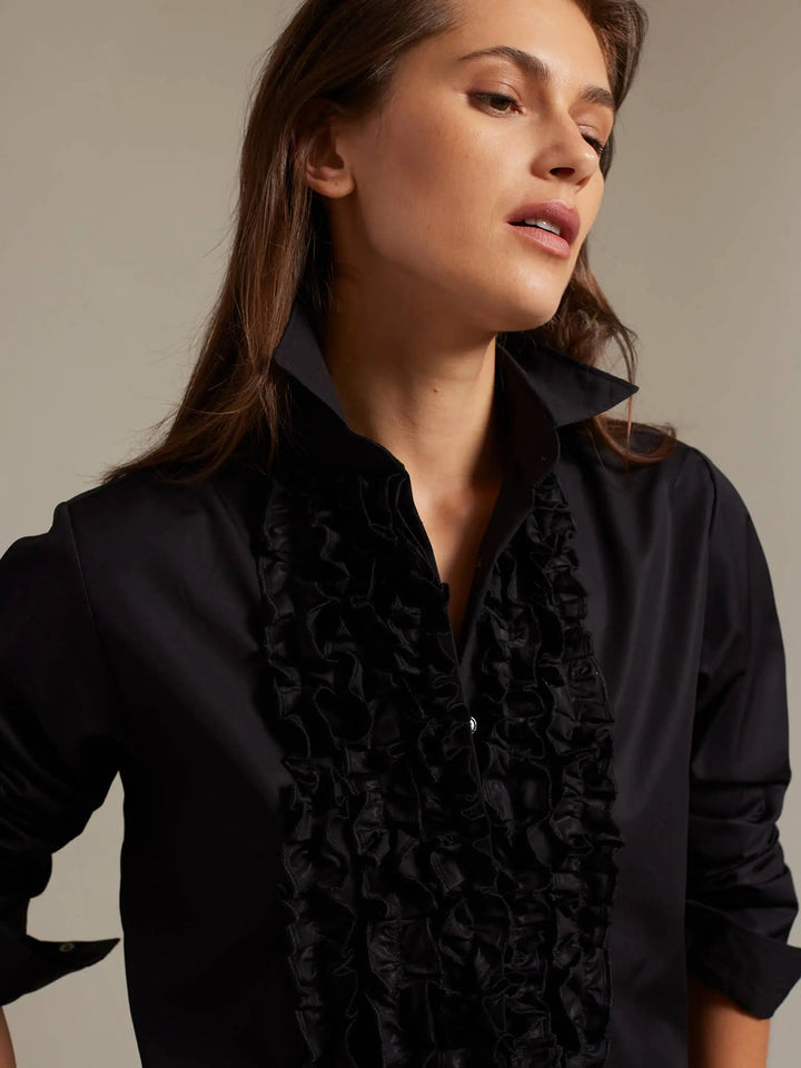 Women's Ruffle Front Cotton Shirt In Black - Nigel Curtiss