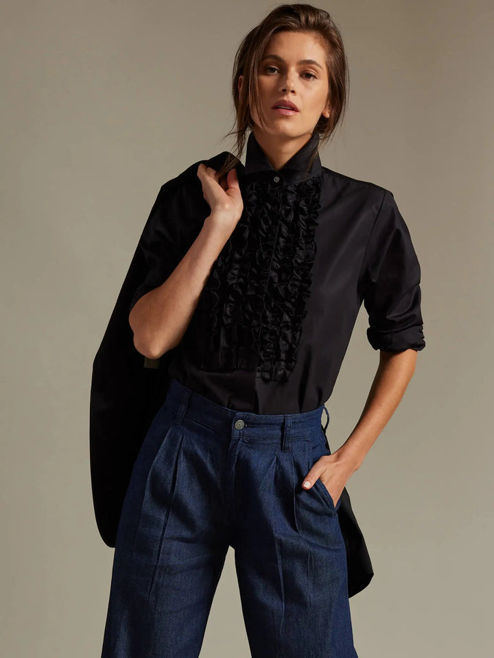 Women's Ruffle Front Cotton Shirt In Black - Nigel Curtiss