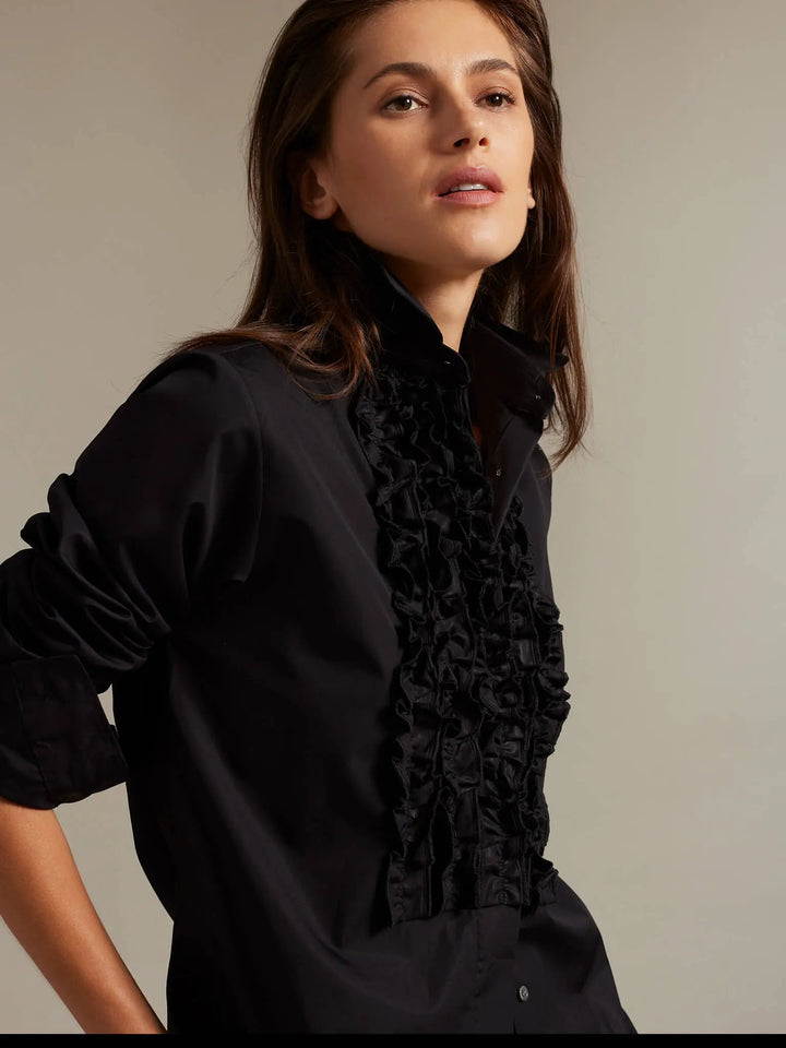 Women's Ruffle Front Cotton Shirt In Black - Nigel Curtiss