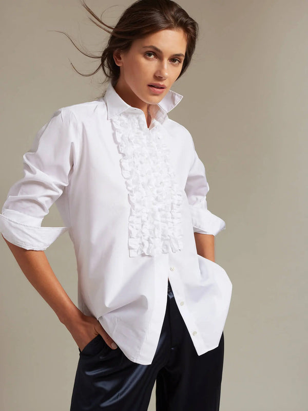 Women's Ruffle Front Cotton Shirt In White - Nigel Curtiss