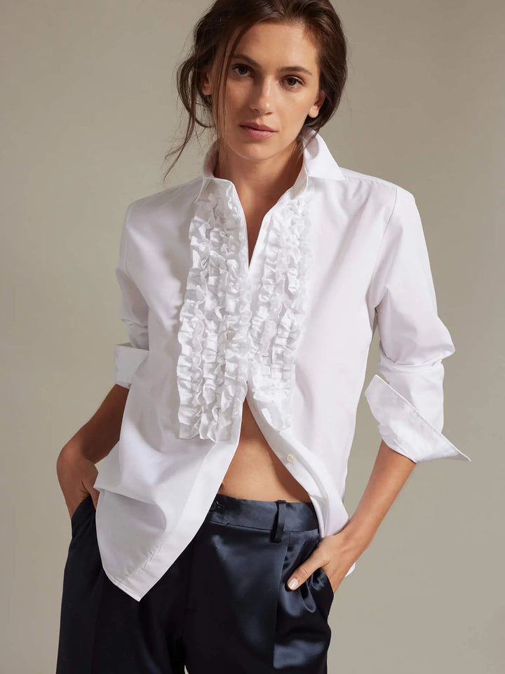 Women's Ruffle Front Cotton Shirt In White - Nigel Curtiss