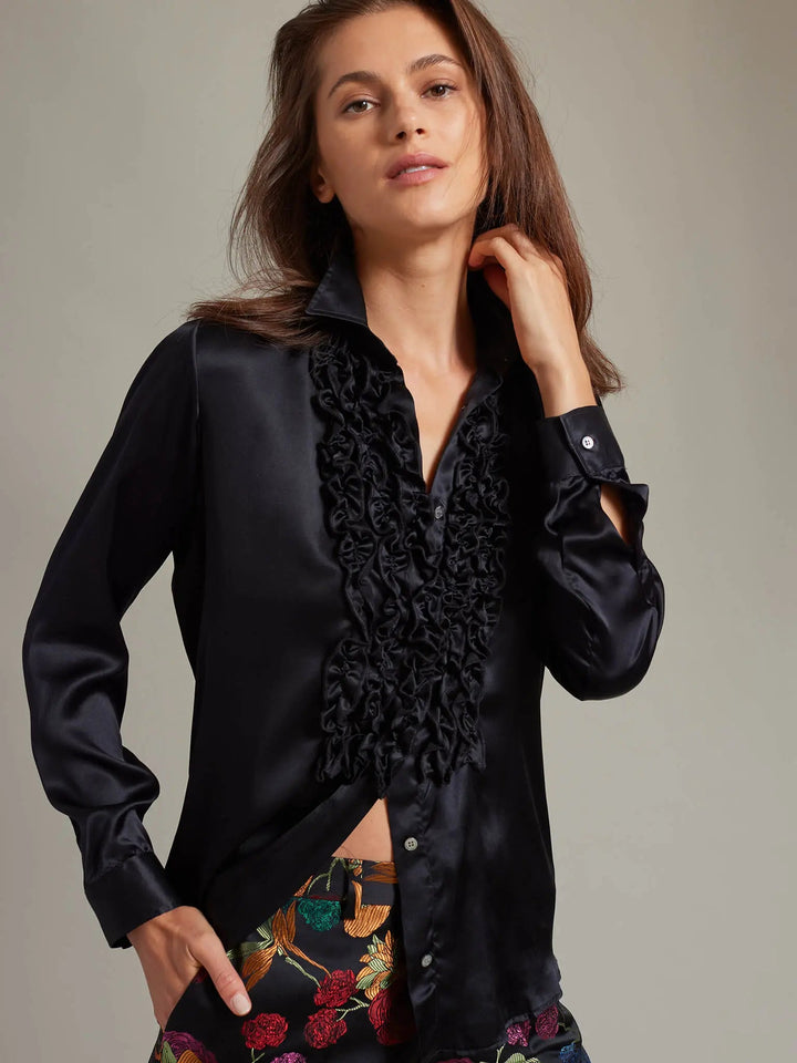 Women's Ruffle Front Silk Shirt In Black - Nigel Curtiss