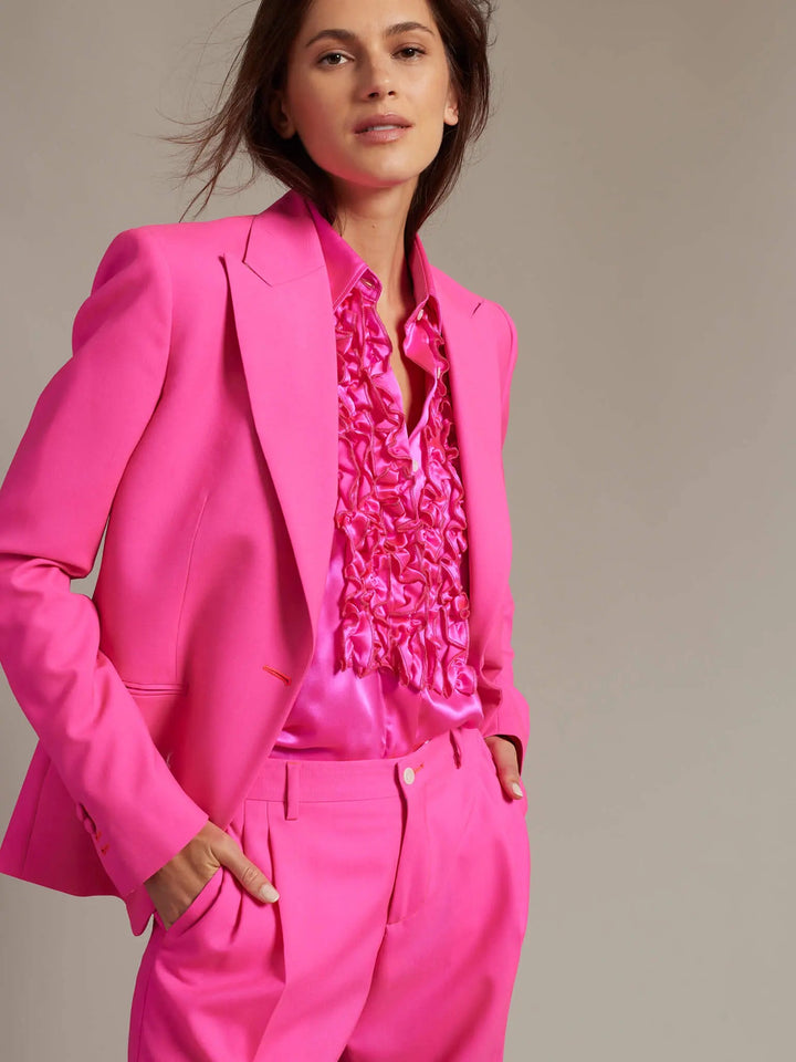 Women's Ruffle Front Silk Shirt In Fuchsia Pink - Nigel Curtiss