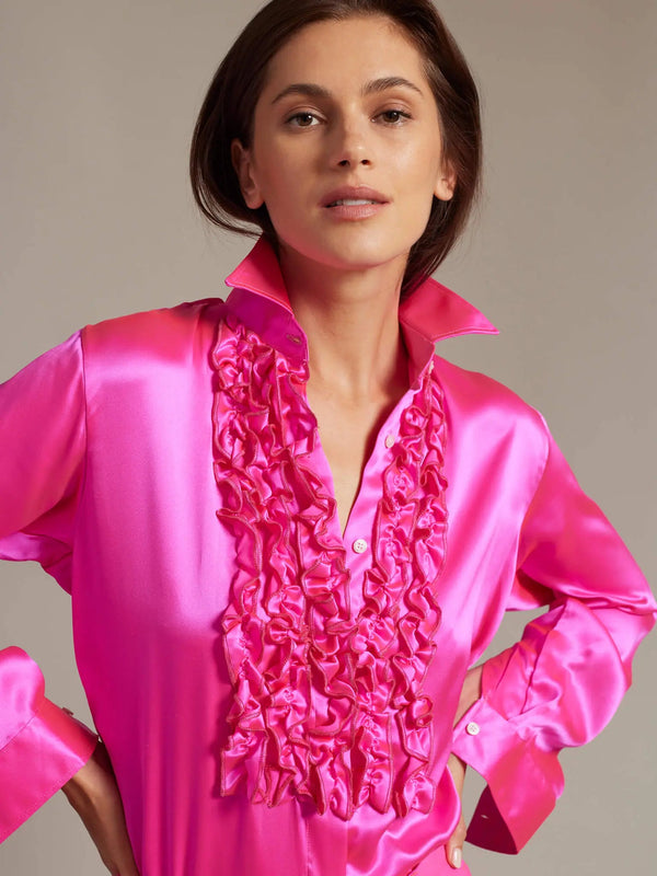 Women's Ruffle Front Silk Shirt In Fuchsia Pink - Nigel Curtiss