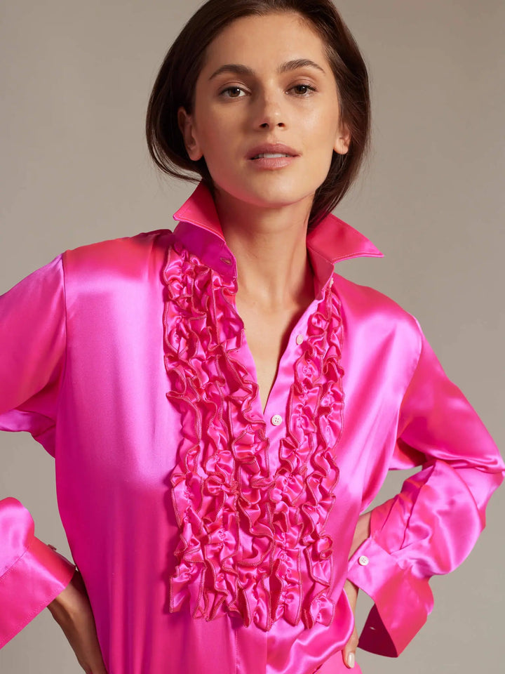 Women's Ruffle Front Silk Shirt In Fuchsia - Nigel Curtiss