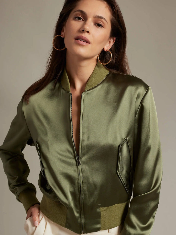 Women's Satin Bomber Jacket In Army Green - Nigel Curtiss