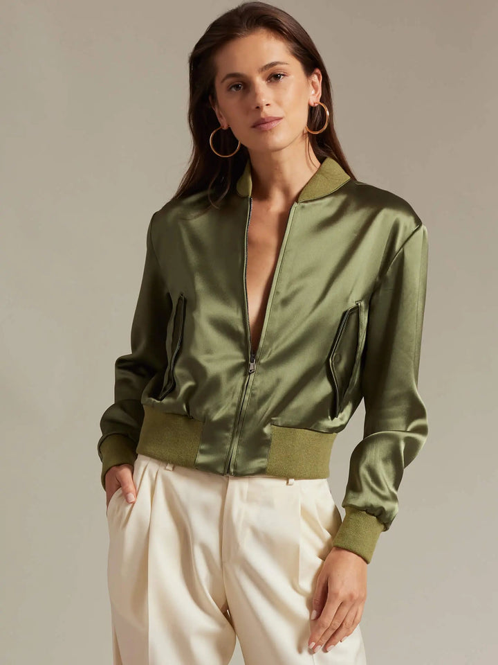 Women's Satin Bomber Jacket In Army Green - Nigel Curtiss