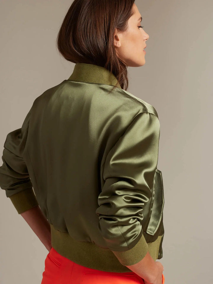 Women's Satin Bomber Jacket In Army Green - Nigel Curtiss