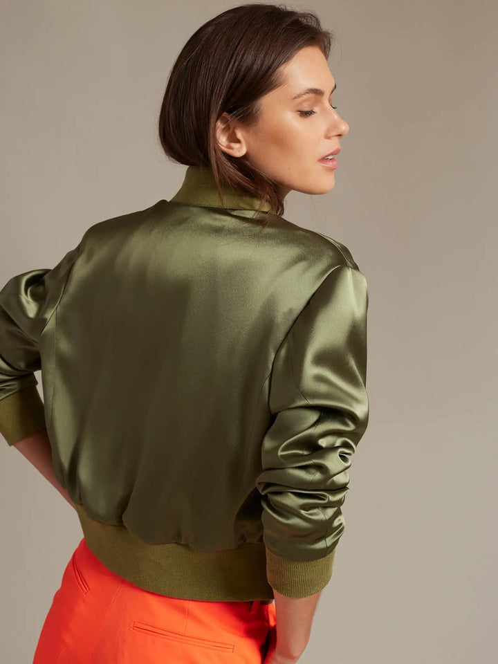 Women's Satin Bomber Jacket In Army Green - Nigel Curtiss