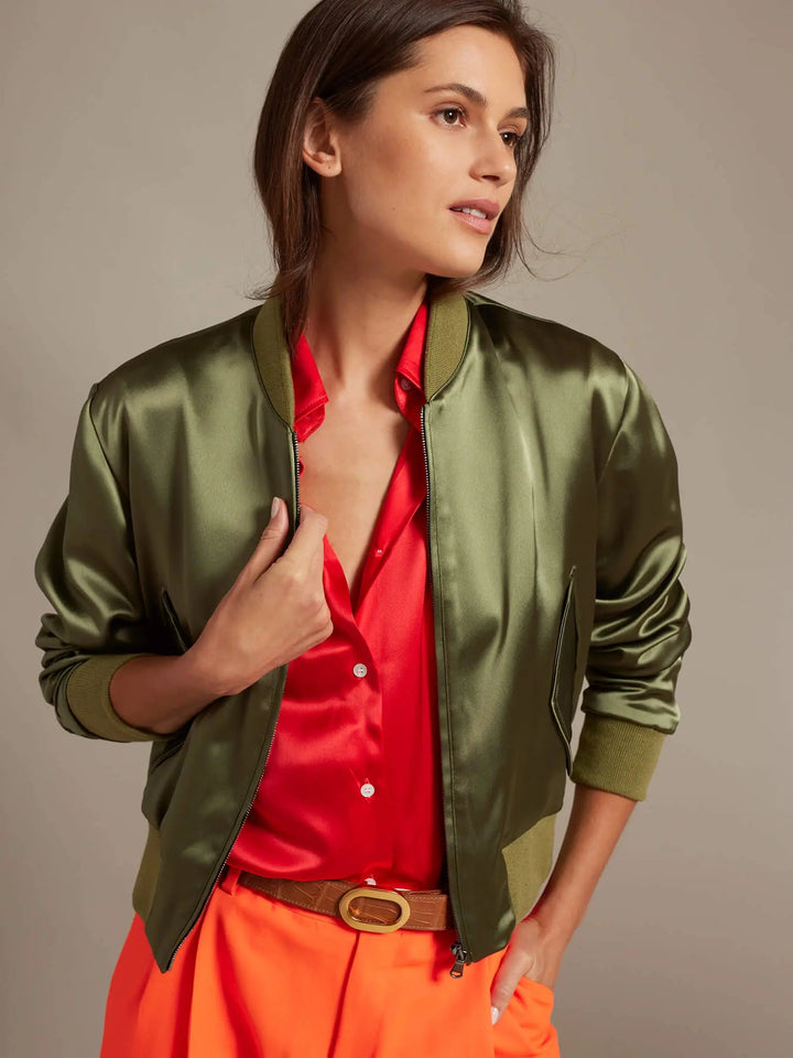 Women's Satin Bomber Jacket In Army Green - Nigel Curtiss