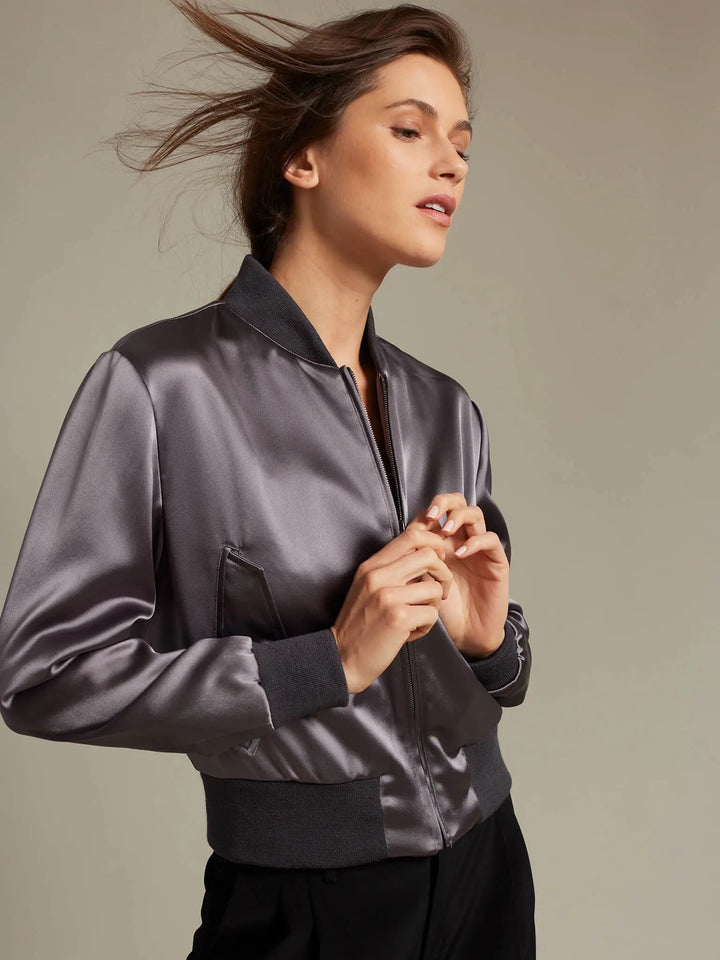 Women's Satin Bomber Jacket In Charcoal - Nigel Curtiss