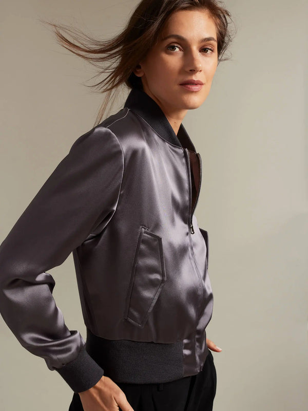 Women's Satin Bomber Jacket In Charcoal - Nigel Curtiss