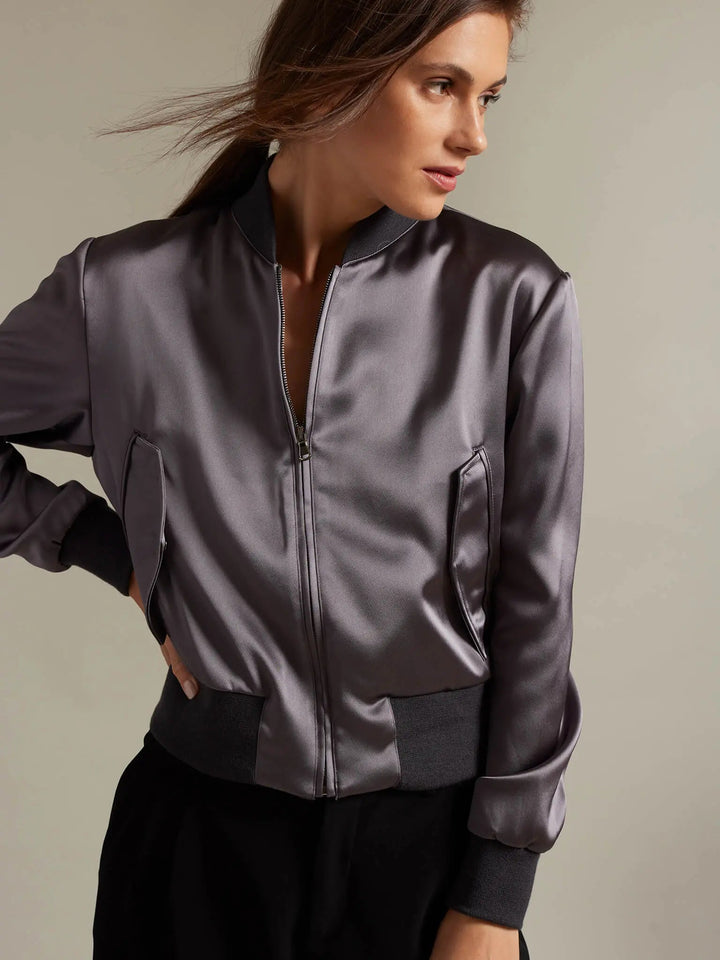 Women's Satin Bomber Jacket In Charcoal - Nigel Curtiss