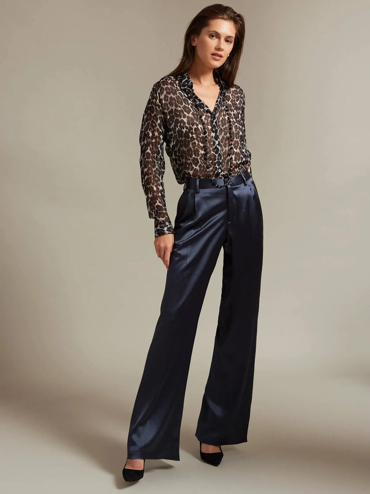 Women's Satin Pleated Pant In Dark Navy - Nigel Curtiss