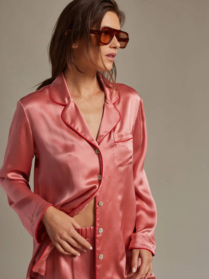 Women's Silk Shirt And Boxer Short Pajama Set With Piping In Blush - Nigel Curtiss