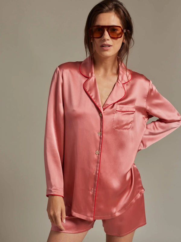 Women's Silk Shirt And Boxer Short Pajama Set With Piping In Blush - Nigel Curtiss