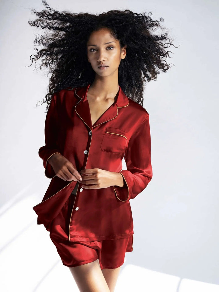 Women's Silk Shirt And Boxer Short Pajama Set With Piping In Red - Nigel Curtiss