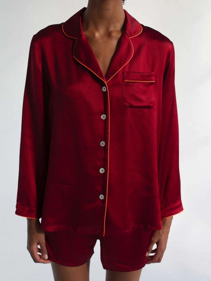 Women's Silk Shirt And Boxer Short Pajama Set With Piping In Red - Nigel Curtiss