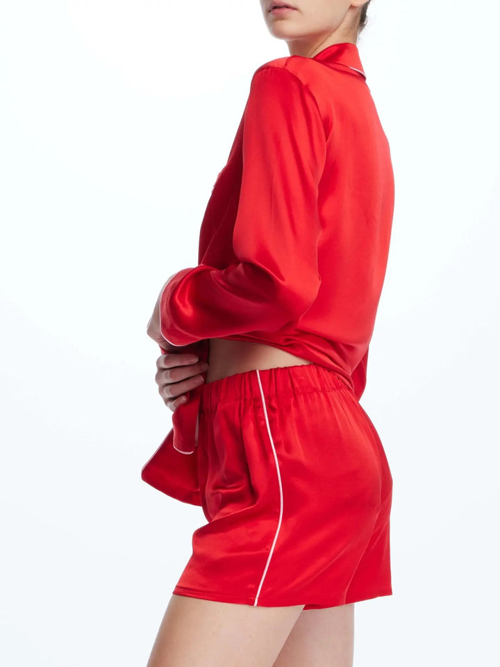 Women's Silk Shirt And Boxer Short Pajama Set With Piping In Scarlett - Nigel Curtiss