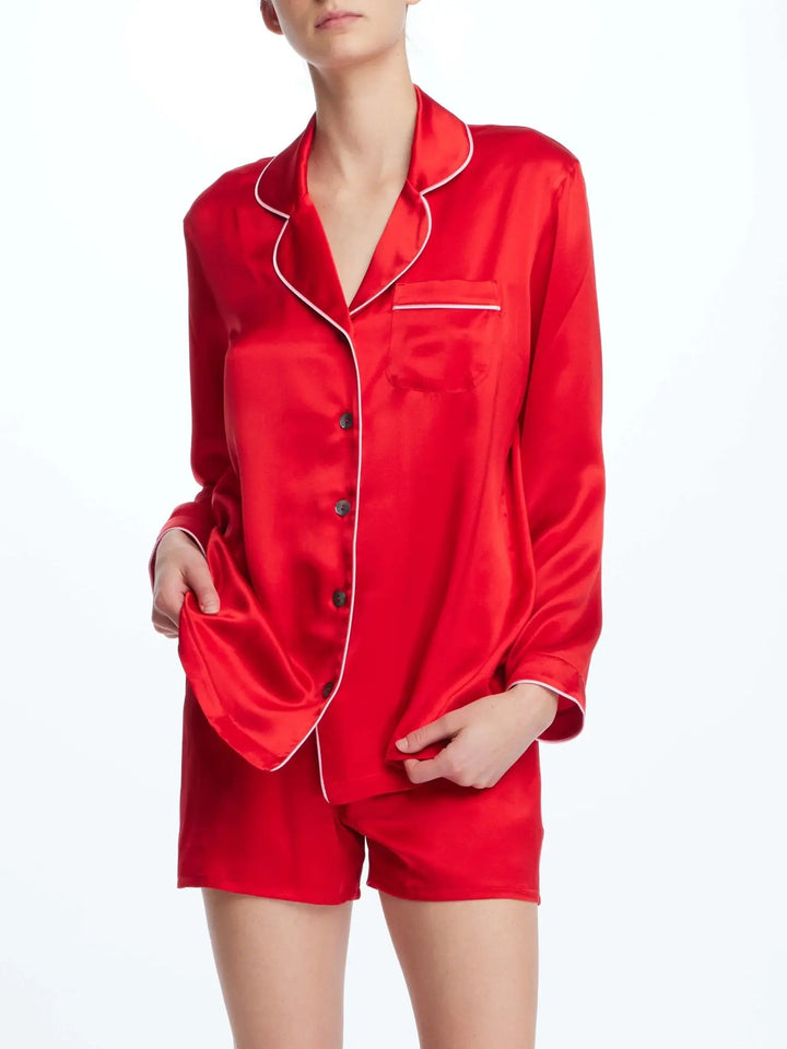 Women's Silk Shirt And Boxer Short Pajama Set With Piping In Scarlett - Nigel Curtiss