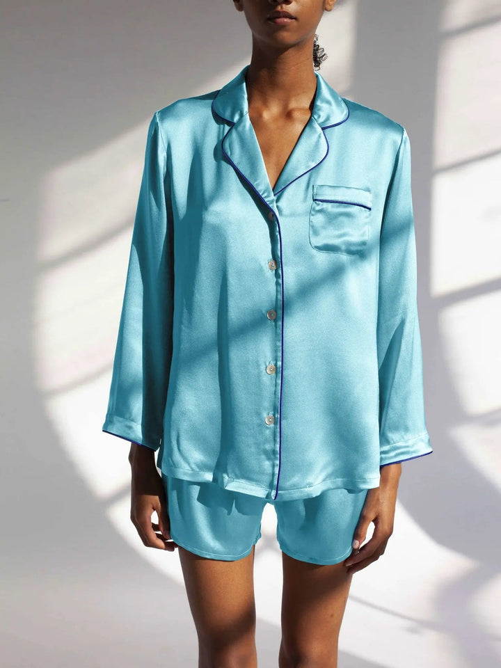 Women's Silk Shirt And Boxer Short Pajama Set With Piping In Turquoise - Nigel Curtiss