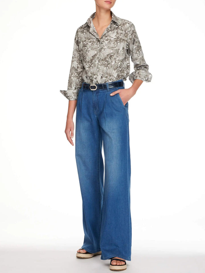 Women's Stretch Baggy Double Pleated Denim Jean In Mid Blue - Nigel Curtiss
