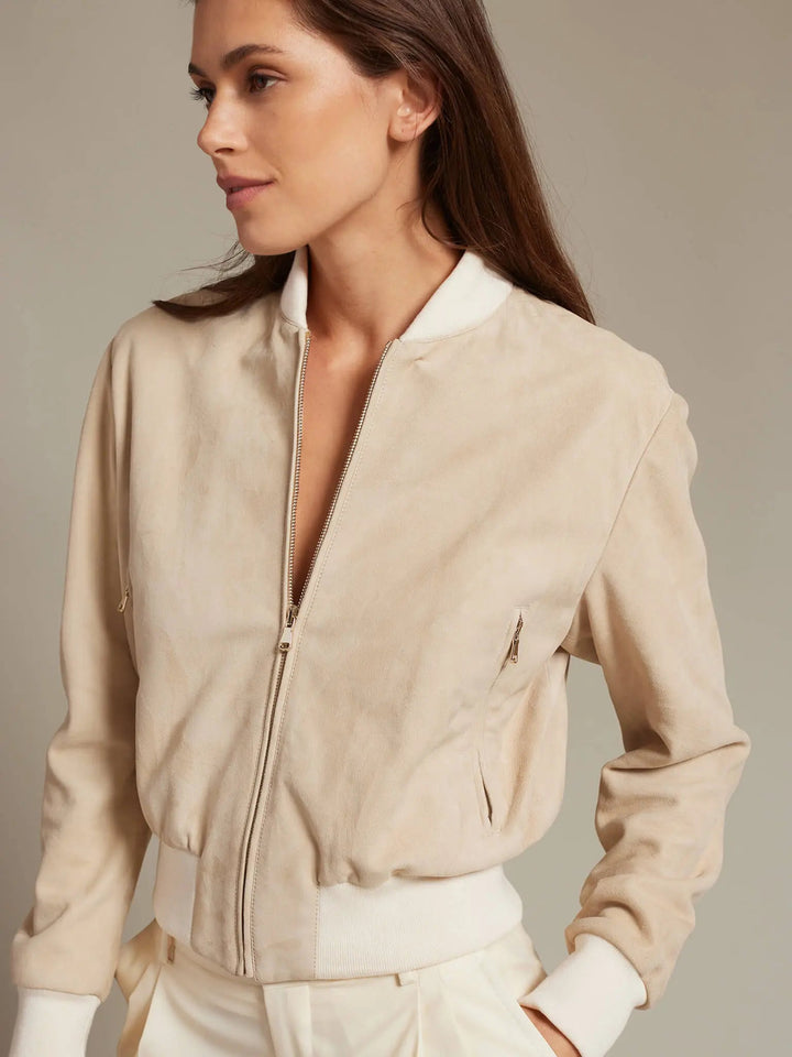 Women's Suede Bomber Jacket In Cream - Nigel Curtiss