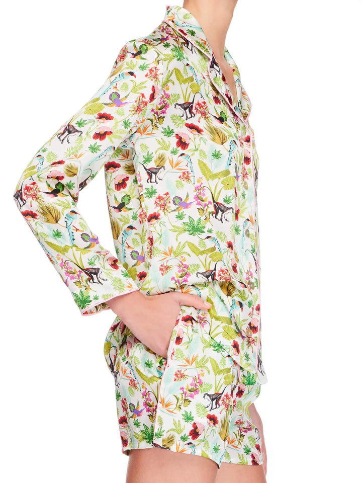 Women's Tropical Paradise Silk Shirt And Boxer Short Pajama Set With Pink Piping - Nigel Curtiss