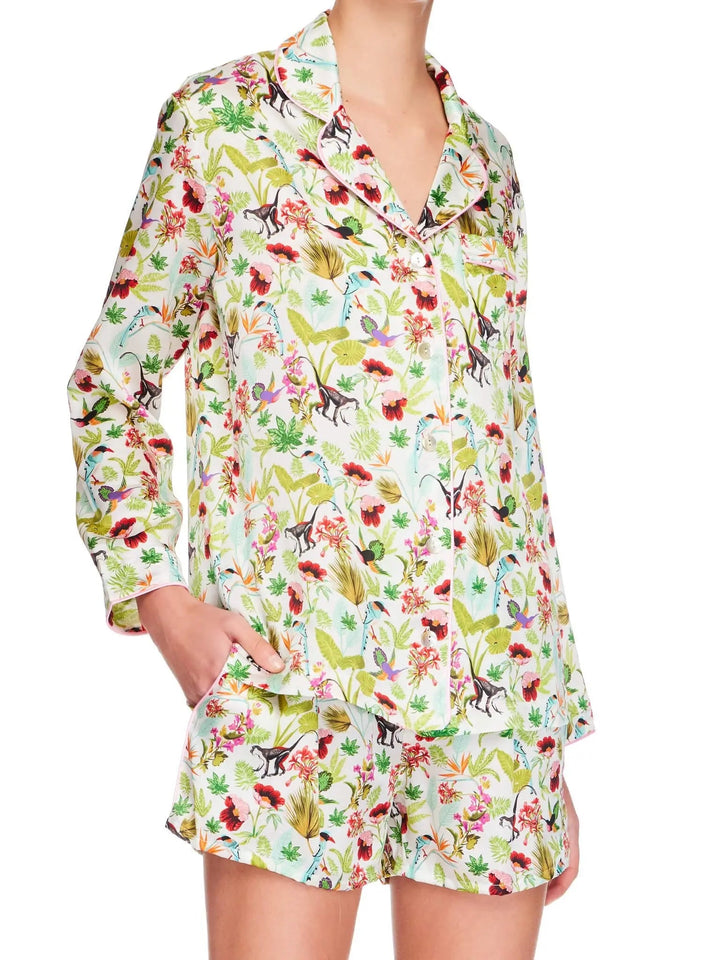 Women's Tropical Paradise Silk Shirt And Boxer Short Pajama Set With Pink Piping - Nigel Curtiss