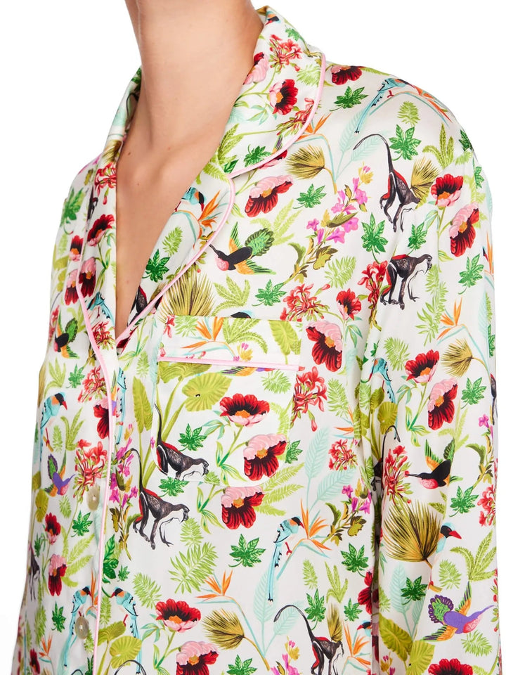 Women's Tropical Paradise Silk Shirt And Boxer Short Pajama Set With Pink Piping - Nigel Curtiss