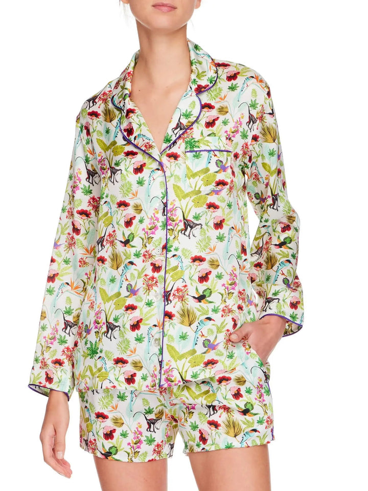 Women's Tropical Paradise Silk Shirt And Boxer Short Pajama Set With Purple Piping - Nigel Curtiss